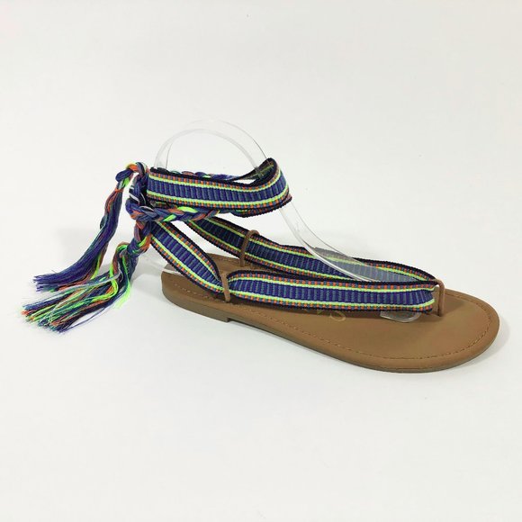 EUC  Braided Ribbon Ankle Tie Flat Thong Sandals - Picture 2 of 11